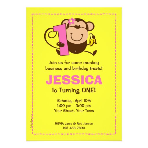 Little Monkey 1st Birthday Girl Custom Invitations