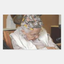 LIttle Old Lady Sleeping Under Hair Dryer Rectangle Sticker