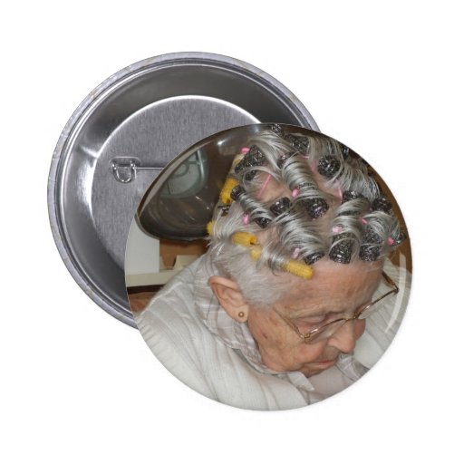 LIttle Old Woman Asleep under hair dryer Pinback Buttons