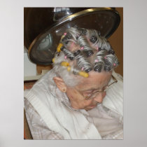Little Old Woman Asleep Under Hair Dryer Print