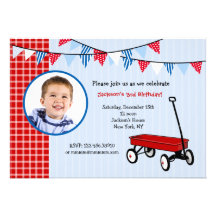 Little Red Wagon Photo Birthday Party Invitations