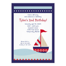 Little Sailboat Navy Boat Nautical Birthday 5x7 Custom Invitation