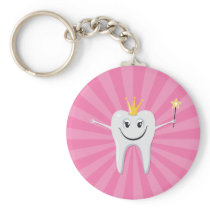 Little tooth fairy on a pink sunburst background key chain