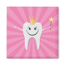 Little tooth fairy on a pink sunburst background fridge magnets