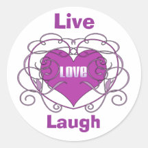 Live, Love, Laugh, purple heart, flourish Round Sticker