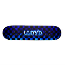 Lloyd skateboard blue fire and flames design.
