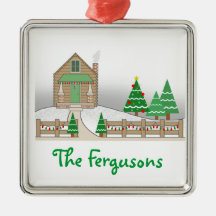 Log Cabin & Christmas Lights Snow Scene Christmas Ornaments