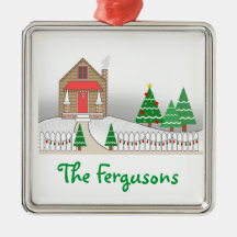 Log Cabin & Christmas Lights Snow Scene Ornaments