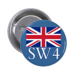 London Postcode SW4 with Union Jack Pinback Button