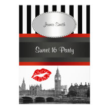 London Skyline Bk Wht Strp Red Kiss Sweet 16 Party Personalized Invite