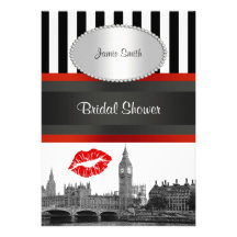 London Skyline Blk Wht Strp Red Kiss Bridal Shower Cards