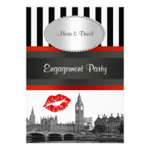 London Skyline Blk Wht Strp Red Kiss P Engagement Card