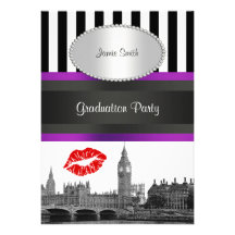 London Skyline BW Strp Purple Kiss P Graduation Invites