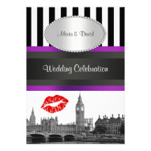 London Skyline BW Strp Purple Kiss P Wedding Personalized Announcement