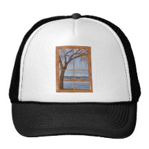 Longs Peak Winter Lake Barn Wood Picture Window Hats