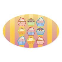 Lotsa Cupcakes Yellowy Pink Stripes Oval Sticker
