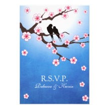 Love birds and Sakura - Blue Background RSVP Invitations