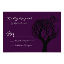 Love Birds in Tree Purple Wedding RSVP Cards