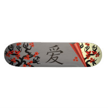 Love Birds On Sakura Tree And Chinese Love Symbol Skateboard Deck
