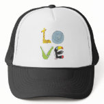 LOVE by giraffe, bear cat, crocodile, and toucan Trucker Hats