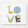 LOVE by giraffe, bear cat, crocodile, and toucan Mouse Pad