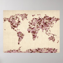 Love Hearts Map of the World Map Posters
