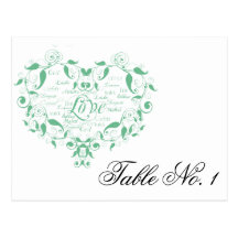 Love in Any Language in Green Table Number Post Cards