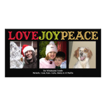 Love Joy Peace woodblock black Christmas greeting Photo Greeting Card