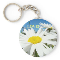 LOVE! keychain White Daisy Flowers Blue Sky Floral