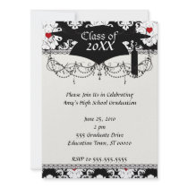 love red heart damask on white black graduation personalized invitation