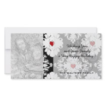 love red heart damask on white black photo card template