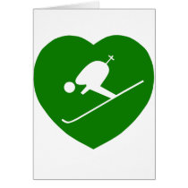 Love Skiing Green Heart Greeting Cards