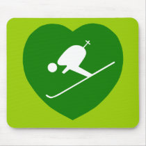 Love Skiing Green Heart Mouse Mats