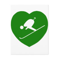 Love Skiing Green Heart Postcards