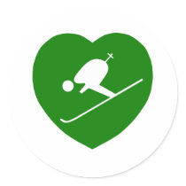 Love Skiing Green Heart Round Sticker
