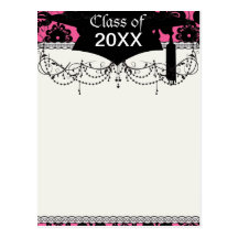lovely black damask bright pink chic graduation post cards