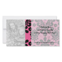 lovely black damask on bright pink chic customized photo card