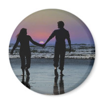 Lovers Holding Hands Walking into the Beach Sunset Refrigerator Magnet