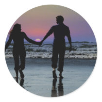 Lovers Holding Hands Walking into the Beach Sunset Stickers