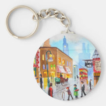 Lowry inspired busy street scene painting tram key chains