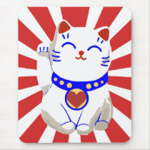 Lucky cute neko cat on rising sun mousepad