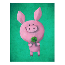 Lucky pig with lucky four leaf clover post card