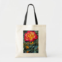 Luminous red and yellow rose with raindrops canvas bag