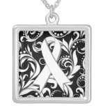 Lung Cancer Ribbon Deco Floral Noir Pendants
