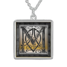 M Initial Monogram "Celtic Black Stone" Necklaces