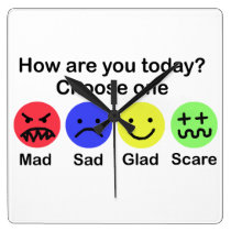 Mad, Sad, Glad & Scare wall clocks