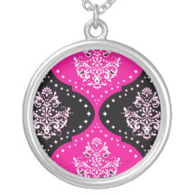 magent pink black white henna damask pendant