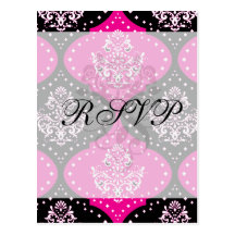 magent pink black white henna damask post cards