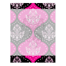magent pink black white henna damask postcard