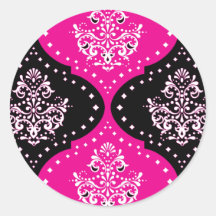 magent pink black white henna damask round sticker